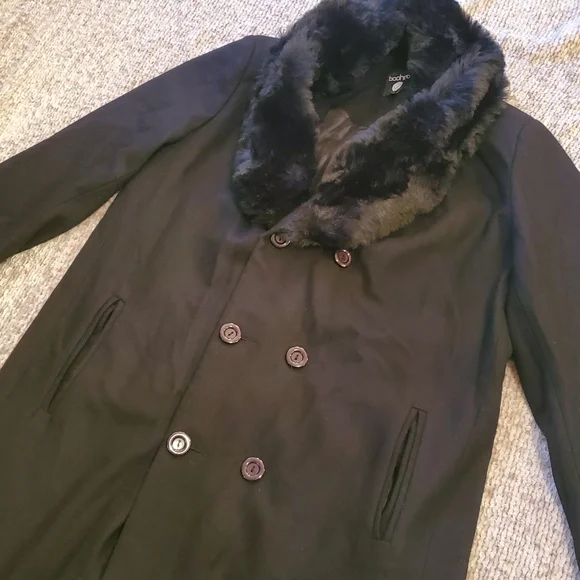 boohooMAN Double Breasted Wool Overcoat With Faux Fur Trim In Black